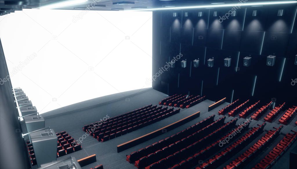 Cinema hall with blank screen and empty seats. Modern design with striking lighting, neon lighting. Audio system on the walls. Cinema hall without people. White screen with copy space, 3D illustration