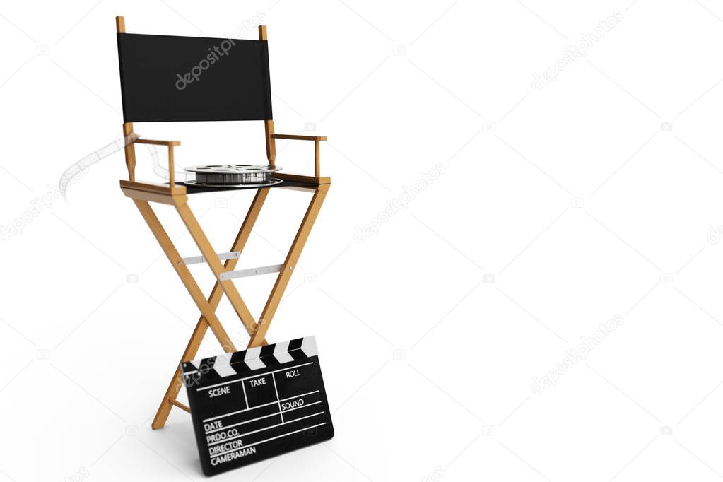 Director Chair, Movie Clapper and film reel. Director chair isolated on white background. 3D illustration