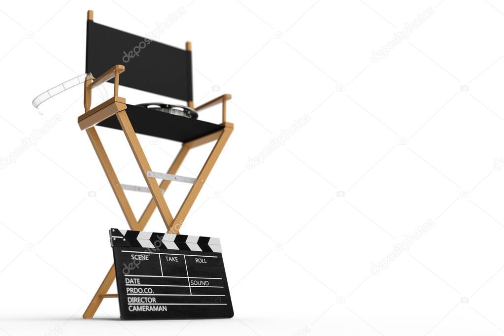 Director Chair, Movie Clapper and film reel. Director chair isolated on white background. 3D illustration