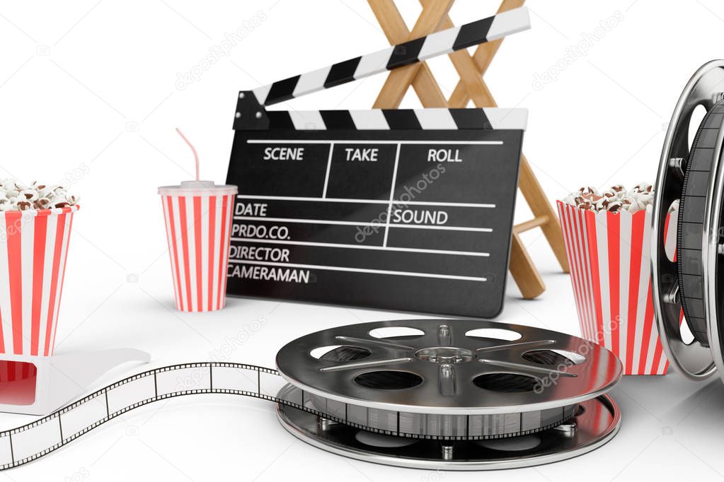 3D illustration, director chair, movie clapper, popcorn, 3d glasses, film strip, film reel and cup with carbonated drink isolated on white background. Cinema Industry Concept.