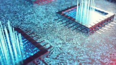 AI yapay zeka CPU kavramı. Makine öğrenimi. Titreşimler parçaları ile gemide işlemciler. Döngülü animasyon. Mavi ışıkta arka plan bilimsel kavramı. 3D animasyon