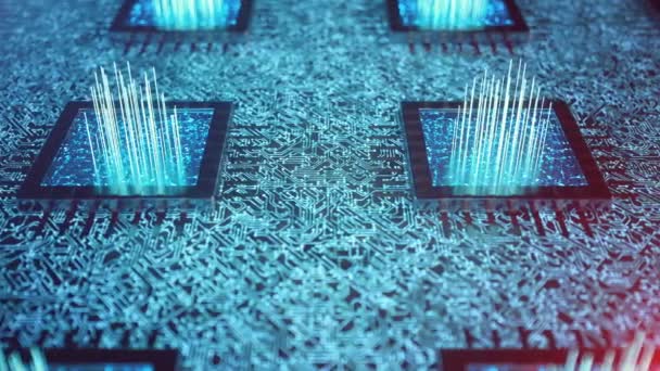 AI intelligence artificielle CPU concept. L'apprentissage automatique. CPU sur la carte avec des pistes scintillantes. Animation en boucle. Concept scientifique de fond en lumière bleue. Animation 3D 