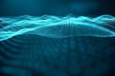 Veri teknolojisi, soyut küresel ağ. Parçacıklar dalgası. Soyut arka plan, puan oluşan dalgalı yüzey-büyük veri, 3D illüstrasyon