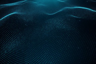 Veri teknolojisi, soyut küresel ağ. Parçacıklar dalgası. Soyut arka plan, puan oluşan dalgalı yüzey-büyük veri, 3D illüstrasyon