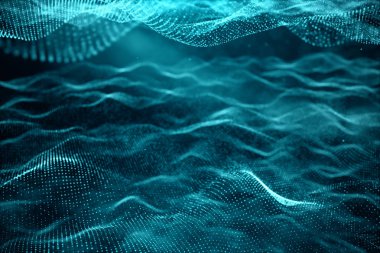 Veri teknolojisi, soyut küresel ağ. Parçacıklar dalgası. Soyut arka plan, puan oluşan dalgalı yüzey-büyük veri, 3D illüstrasyon