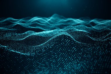 Veri teknolojisi, soyut küresel ağ. Parçacıklar dalgası. Soyut arka plan, puan oluşan dalgalı yüzey-büyük veri, 3D illüstrasyon