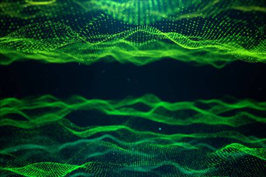 Soyut veri teknolojisi. Parçacıklar, noktalar ile dijital manzara. Cyberspace teknolojisi. Noktaları oluşan dalgalı yüzey-büyük veri aktarımı. 3D çizim