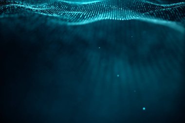 Soyut veri teknolojisi. Parçacıklar, noktalar ile dijital manzara. Cyberspace teknolojisi. Noktaları oluşan dalgalı yüzey-büyük veri aktarımı. 3D çizim