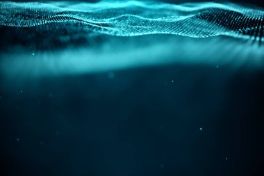 Soyut veri teknolojisi. Parçacıklar, noktalar ile dijital manzara. Cyberspace teknolojisi. Noktaları oluşan dalgalı yüzey-büyük veri aktarımı. 3D çizim