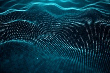 Soyut veri teknolojisi. Parçacıklar, noktalar ile dijital manzara. Cyberspace teknolojisi. Noktaları oluşan dalgalı yüzey-büyük veri aktarımı. 3D çizim
