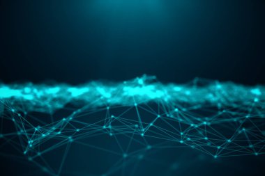 Veri teknolojisi, soyut küresel ağ. Genel bağlantı, ağ bağlantı noktaları ve çizgileri mavi zemin üzerine. Hatları, 3d çizim ile bağlı noktalarından oluşan büyük veri aktarımı