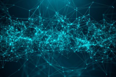 Soyut transfer büyük teknoloji. Küresel bağlantı, düşük Poly ağ bağlantısı noktaları ve mavi arka planda çizgiler ile dijital manzara. Cyberspace teknolojisi. 3D çizim