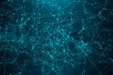 Soyut transfer büyük teknoloji. Küresel bağlantı, düşük Poly ağ bağlantısı noktaları ve mavi arka planda çizgiler ile dijital manzara. Cyberspace teknolojisi. 3D çizim