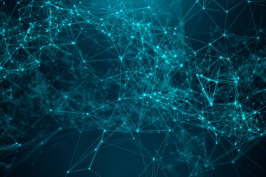 Soyut transfer büyük teknoloji. Küresel bağlantı, düşük Poly ağ bağlantısı noktaları ve mavi arka planda çizgiler ile dijital manzara. Cyberspace teknolojisi. 3D çizim