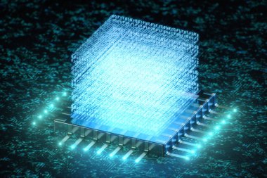 AI-yapay zeka kavramı. CPU üzerinde hologram. Makine öğrenimi. Merkezi bilgisayar Işlemcileri, devre kartındaki ışık izleri ile. Kodlanmış veriler. Devre arka planda bilgisayar yongası