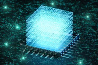 AI-yapay zeka kavramı. CPU üzerinde hologram. Makine öğrenimi. Merkezi bilgisayar Işlemcileri, devre kartındaki ışık izleri ile. Kodlanmış veriler. Devre arka planda bilgisayar yongası
