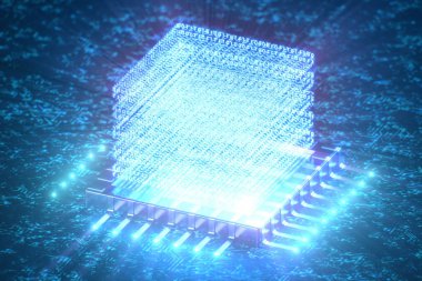 AI-yapay zeka kavramı. CPU üzerinde hologram. Makine öğrenimi. Merkezi bilgisayar Işlemcileri, devre kartındaki ışık izleri ile. Kodlanmış veriler. Devre arka planda bilgisayar yongası