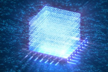 AI-yapay zeka kavramı. CPU üzerinde hologram. Makine öğrenimi. Merkezi bilgisayar Işlemcileri, devre kartındaki ışık izleri ile. Kodlanmış veriler. Devre arka planda bilgisayar yongası