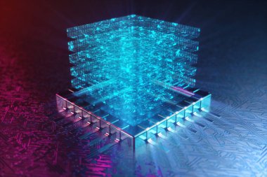 AI-yapay zeka kavramı. CPU üzerinde hologram. Makine öğrenimi. Merkezi bilgisayar Işlemcileri, devre kartındaki ışık izleri ile. Kodlanmış veriler. Devre arka planda bilgisayar yongası