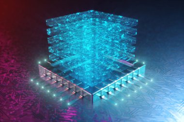 AI-yapay zeka kavramı. CPU üzerinde hologram. Makine öğrenimi. Merkezi bilgisayar Işlemcileri, devre kartındaki ışık izleri ile. Kodlanmış veriler. Devre arka planda bilgisayar yongası
