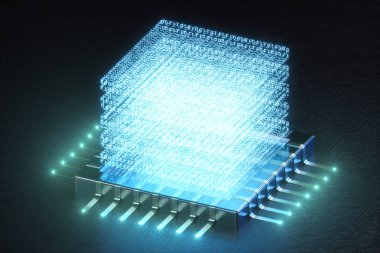 AI-yapay zeka kavramı. CPU üzerinde hologram. Makine öğrenimi. Merkezi bilgisayar Işlemcileri, devre kartındaki ışık izleri ile. Kodlanmış veriler. Devre arka planda bilgisayar yongası