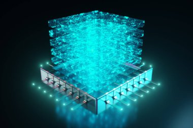 AI - yapay zeka Cpu kavramı. Hologram Cpu yukarıda. Makine öğrenimi. CPU kızdırma parçaları ile gemide. Arka plan mavi ışık bilimsel kavram. 3D çizim