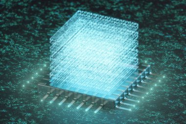 AI - yapay zeka Cpu kavramı. Hologram Cpu yukarıda. Makine öğrenimi. CPU kızdırma parçaları ile gemide. Arka plan mavi ışık bilimsel kavram. 3D çizim