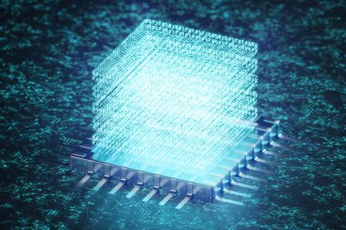 AI - yapay zeka Cpu kavramı. Hologram Cpu yukarıda. Makine öğrenimi. CPU kızdırma parçaları ile gemide. Arka plan mavi ışık bilimsel kavram. 3D çizim