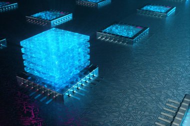 AI - yapay zeka Cpu kavramı. Makine öğrenimi. CPU kızdırma parçaları ile gemide. Arka plan mavi ışık bilimsel kavram. 3D render