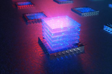AI - yapay zeka Cpu kavramı. Makine öğrenimi. CPU kızdırma parçaları ile gemide. Arka plan mavi ışık bilimsel kavram. 3D render