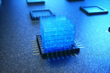 AI - yapay zeka Cpu kavramı. Makine öğrenimi. CPU kızdırma parçaları ile gemide. Arka plan mavi ışık bilimsel kavram. 3D render