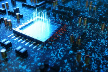 AI - yapay zeka kavramı Cpu. Makine öğrenimi. Parlak parça ile devre kartı üzerinde merkezi bilgisayar işlemcileri. Kodlanmış veri. Devre arka plan bilgisayar çipi. 3D çizim
