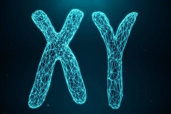 3D illustration månghörniga Low poly Digital konstgjorda Xy-kromosomer som består av bestående prickar och linjer på blåttbakgrund. Genetik-koncept, artificiell intelligens-konceptet. Binär kod i den — Stockfoto