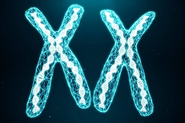 Månghörniga Low poly 3d Rendering Digital konstgjorda kromosomer bestående av bestående prickar och linjer med Dna bär den genetiska koden. Genetik-koncept, artificiell intelligens-konceptet. Binärt — Stockfoto