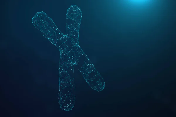 3D Illustration Polygonal Low poly Digital Artificial X-Chromosomes Consisting Dots And Lines On Blue Background. Концепция генетики, концепция искусственного интеллекта. Двоичный код в — стоковое фото