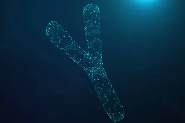 3D Illustration Polygonal Low poly Digital Artificial Y-Chromosomes Consisting Dots And Lines On Blue Background. Концепция генетики, концепция искусственного интеллекта. Двоичный код в — стоковое фото