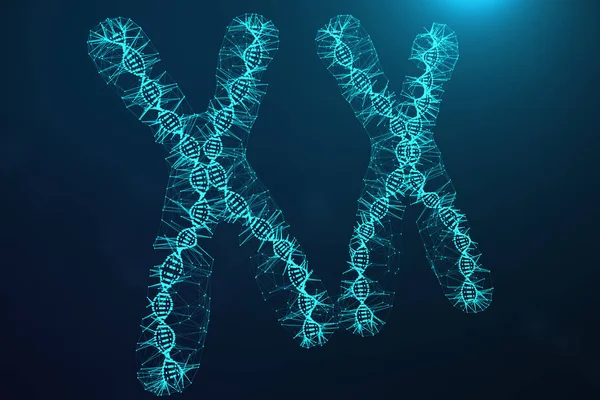 Polygonal Low poly 3D Rendering Digital Artificial Chromosomes Consisting Of Consisting Dots And Lines With DNA Carrying The Genetic Code. Genetics Concept, Artificial Intelligence Concept. Binary — Stock Photo, Image