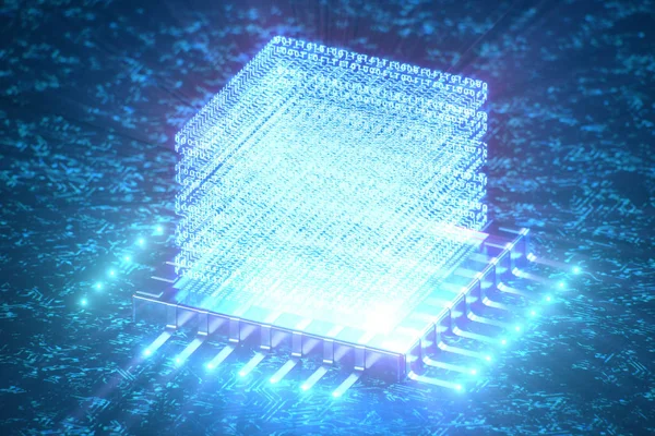 AI-yapay zeka kavramı. CPU üzerinde hologram. Makine öğrenimi. Merkezi bilgisayar Işlemcileri, devre kartındaki ışık izleri ile. Kodlanmış veriler. Devre arka planda bilgisayar yongası