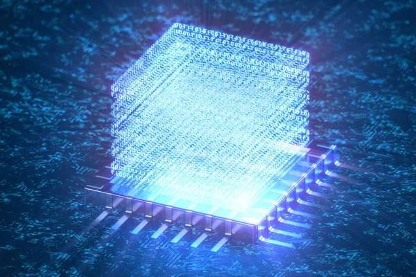 AI-yapay zeka kavramı. CPU üzerinde hologram. Makine öğrenimi. Merkezi bilgisayar Işlemcileri, devre kartındaki ışık izleri ile. Kodlanmış veriler. Devre arka planda bilgisayar yongası