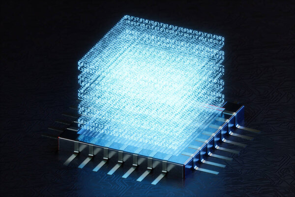 AI - artificial intelligence concept. Hologram above CPU. Machine learning. Central Computer Processors on the circuit board with luminous tracks. Encoded data. Computer chip over circuit background