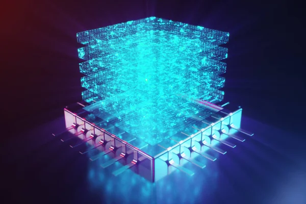 AI - concepto de CPU de inteligencia artificial. Holograma sobre CPU. El aprendizaje automático. CPU en el tablero con huellas brillantes. Concepto científico de fondo en luz azul. Ilustración 3D — Foto de Stock
