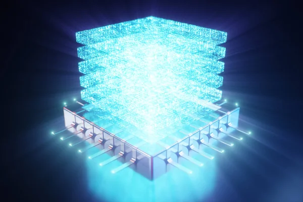 AI - conceito de CPU de inteligência artificial. Holograma acima da CPU. Aprendizagem automática. CPU na placa com faixas de brilho. Antecedentes conceito científico em luz azul. Ilustração 3D — Fotografia de Stock
