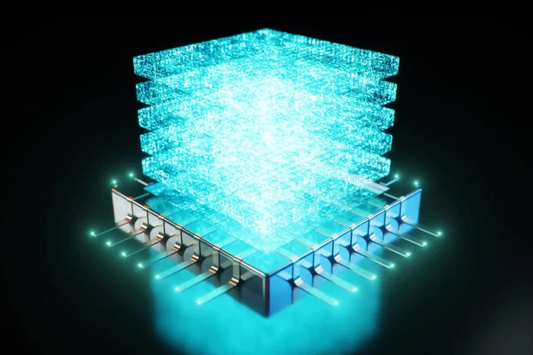 AI - concepto de CPU de inteligencia artificial. Holograma sobre CPU. El aprendizaje automático. CPU en el tablero con huellas brillantes. Concepto científico de fondo en luz azul. Ilustración 3D — Foto de Stock