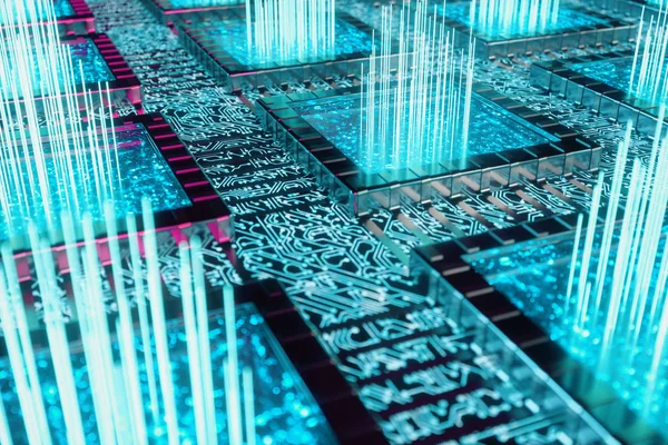 AI - artificial intelligence concept. Machine learning. Central Computer Processors on the circuit board with luminous tracks. Encoded data. Computer chip over circuit background, 3D illustration — Stock Photo, Image