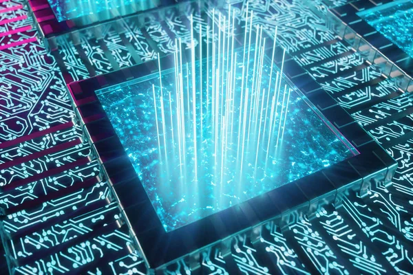 AI - artificial intelligence CPU concept. Machine learning. CPU on the board with glow tracks. Background scientific concept in blue light. 3D illustration — Stock Photo, Image