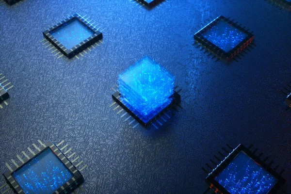 AI - artificial intelligence CPU concept. Machine learning. CPU on the board with glow tracks. Background scientific concept in blue light. 3D Rendering