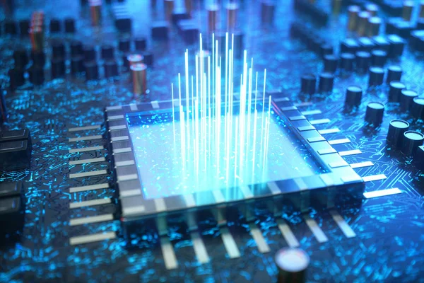 AI - artificial intelligence concept CPU. Machine learning. Central Computer Processors on the circuit board with luminous tracks. Encoded data. Computer chip over circuit background. 3D Illustration