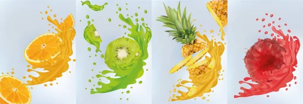 Sumo de fruta, ananás, kiwi, laranja, framboesa. Frutas frescas. As frutas salpicam de perto. Ilustração vetorial . — Vetor de Stock