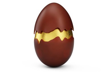 Altın lüks yumurta çikolata ile kaplıdır. Paskalya yumurtası. Kırık, çatlak çikolata yumurtası. Tatlı çikolata yumurta, tatil ve Paskalya sembolü, 3D illüstrasyon