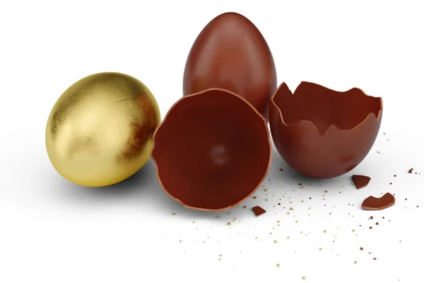Huevo de lujo de oro y huevo de Pascua de chocolate. Huevo de chocolate roto y quebrado. Huevos de chocolate dulce, vacaciones y símbolo de Pascua. Ilustración 3D —  Fotos de Stock